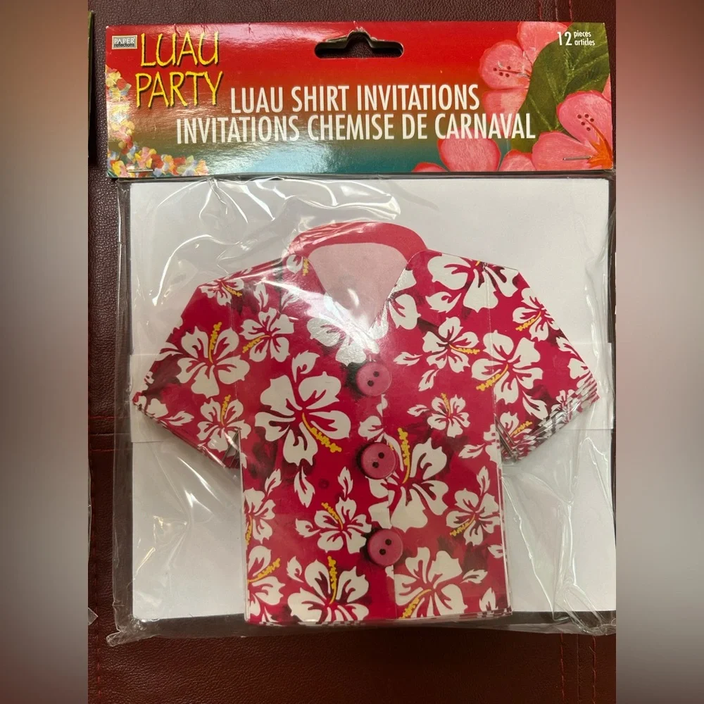 Luau Party Shirt Invitations 2 pk,12 ea=24 Adorable Flower Red Shirt w/envelopes